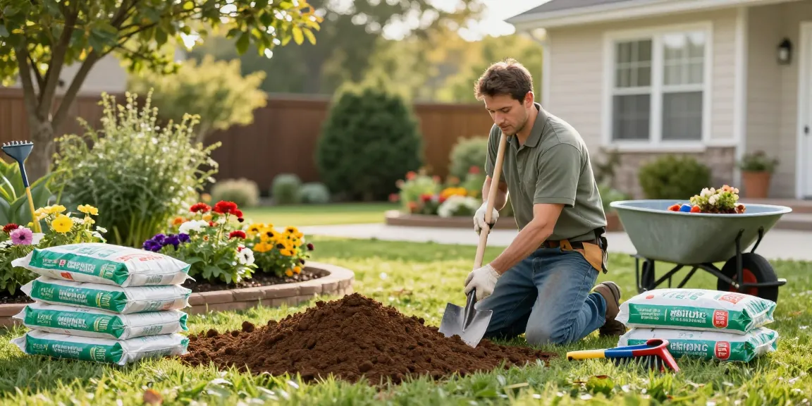 Top soil installation Ottawa: landscaper laying premium top soil in a lush residential garden.