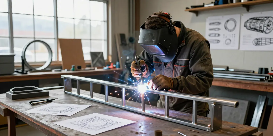 Custom metalwork in North Vancouver, showcasing a skilled craftsman welding intricate railings in a bright workshop filled with design sketches and metal materials.