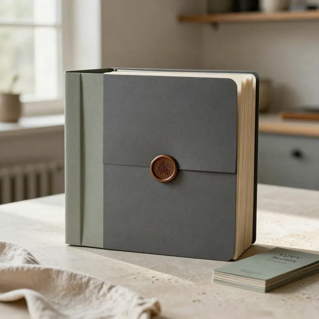 Brand folders, wax-sealed packet, and card sleeves on a pale stone counter in soft morning light.