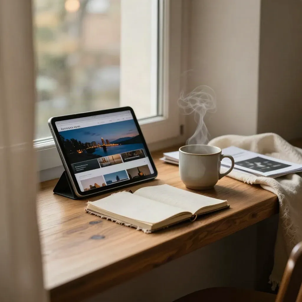 Tablet, linen notebook and steaming cup on a wood sill at blue hour in a cozy design studio.