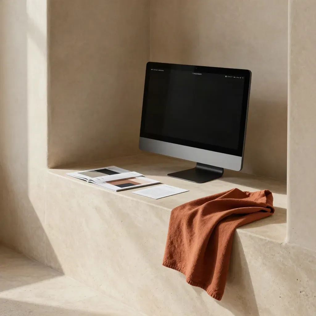 Turned-off slim monitor, layout cards, and folded cloth on a pale stone ledge.