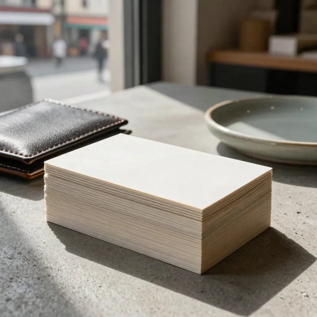 Thick business cards, a leather wallet, and a sage ceramic tray on brushed concrete in soft daylight.