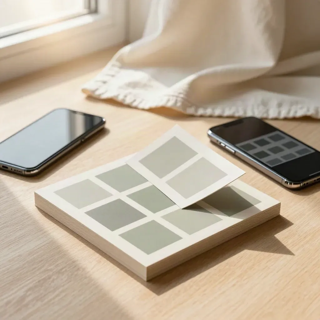 Angled flatlay of social template tiles, a blurred smartphone, and folded cloth on pale wood.