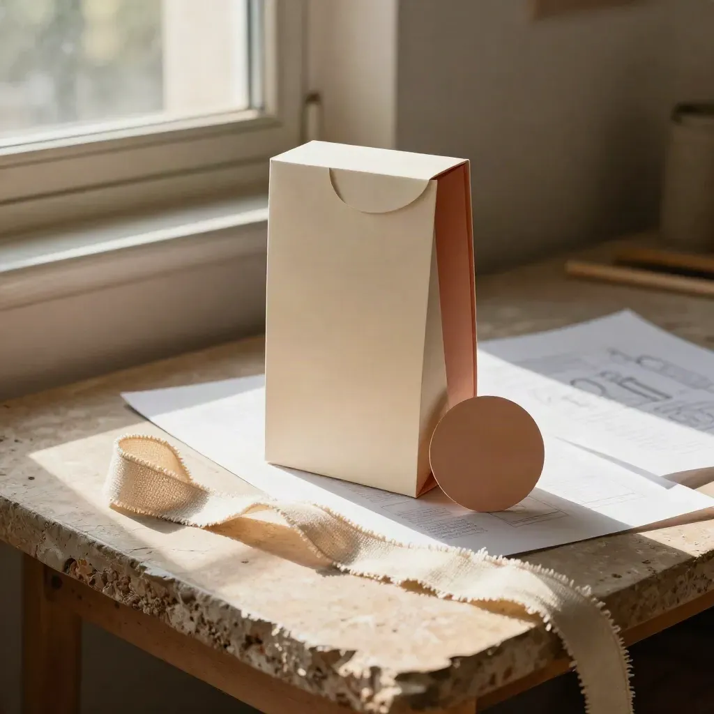 Packaging mockups drying on warm plaster in sunlit workshop, with sleeve, round label and linen ribbon.