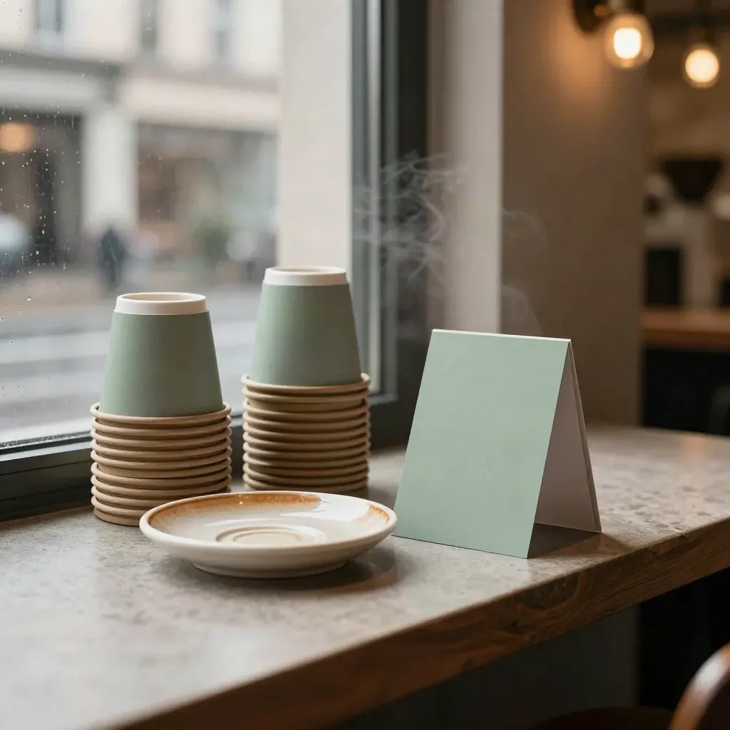 Cafe identity mockup on stone counter with sleeves, saucer and tent card by a rainy window.