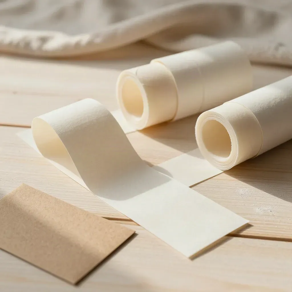 Blank label wraps, soap bands and a box sleeve fanned on pale wood, viewed from above.
