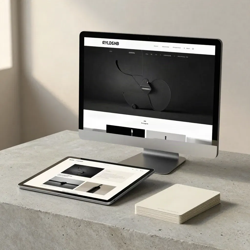 Charcoal monitor, tablet mockup, and page cards staged on concrete in cool daylight.