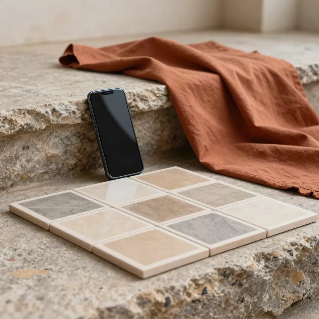 Square post tiles, a dark phone, and folded cloth on stone with terracotta accents.