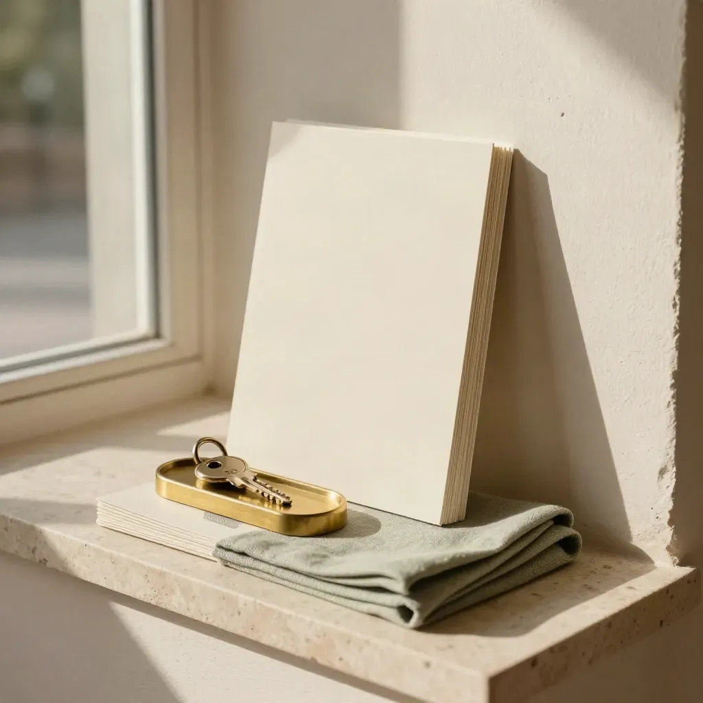 Blank real estate sign, cream cards, and a brass key tray in a sunlit plaster entryway.