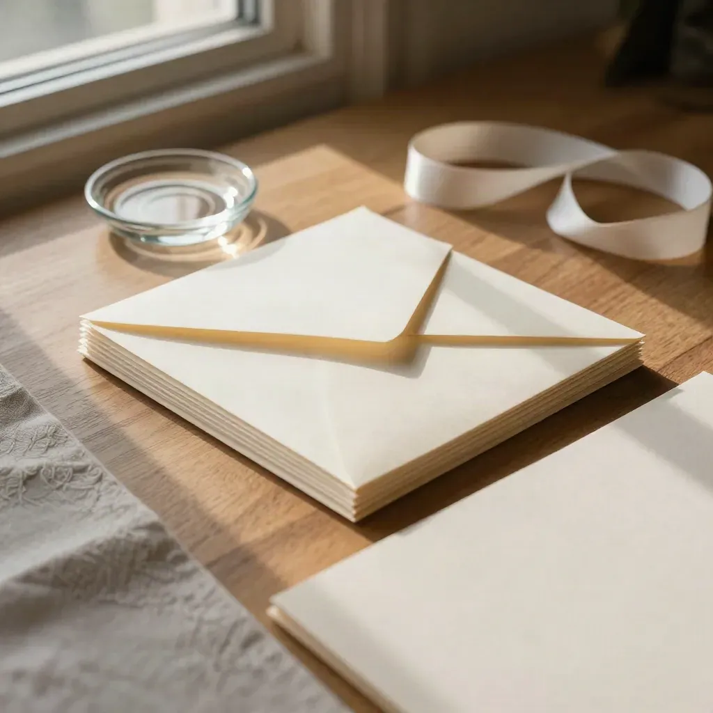 Ivory wedding stationery, vellum envelopes and a glass dish on warm wood in soft window light.
