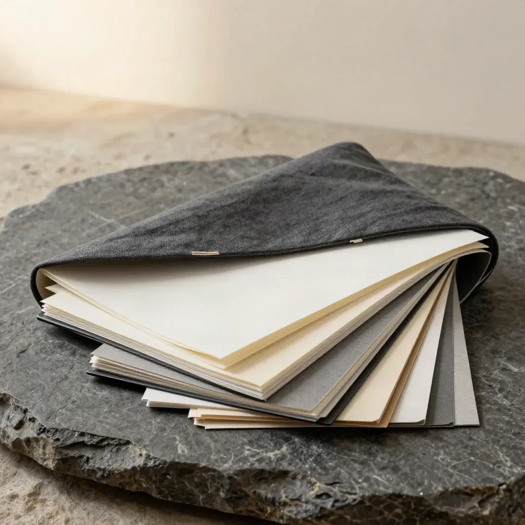 Starter style guide booklet with tabs and swatches resting on a charcoal stone slab.