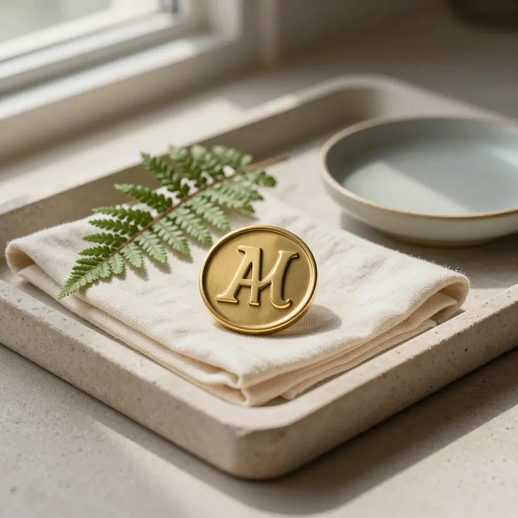 Brass logo medallion on stone tray with cream cloth, fern sprig, and ceramic dish.