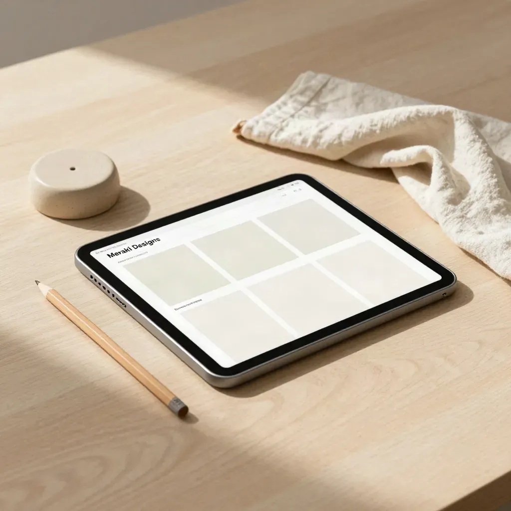 Tablet, pencil stub, paperweight and folded cloth on pale wood in soft daylight.