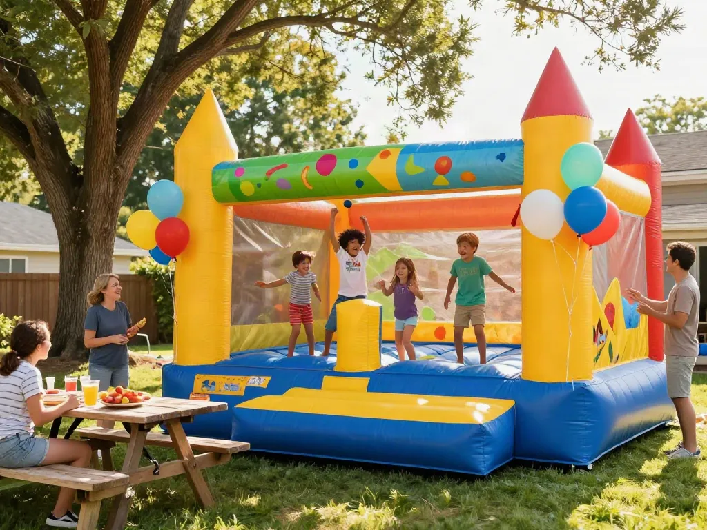 Children enjoying a vibrant bounce house at an outdoor party.