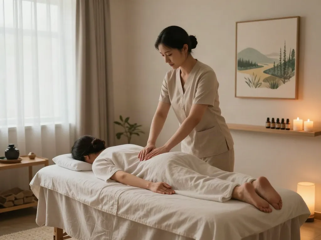 Relaxing 용인출장안마 session in a peaceful massage therapy room.