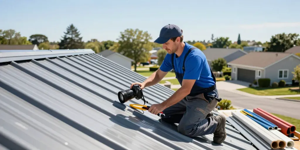 Inspecting M Roof installation with contractor and homeowner in a sunny neighborhood