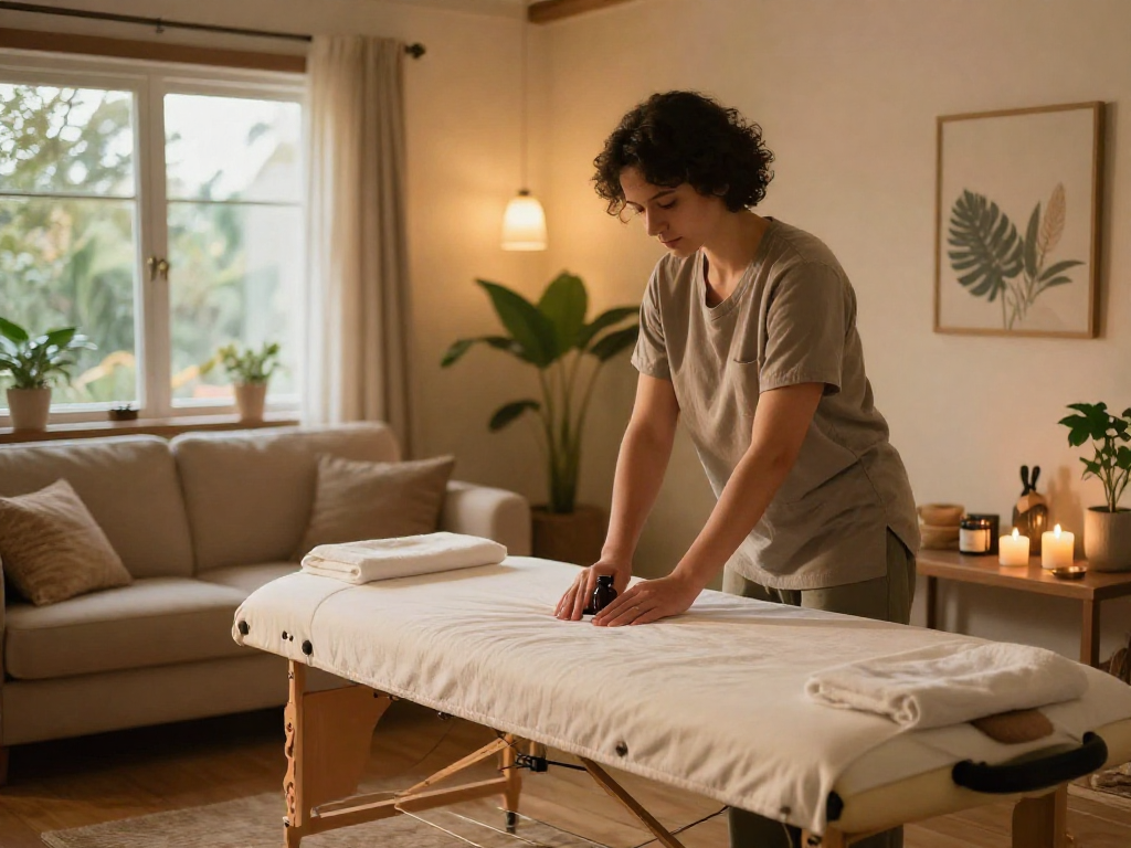 Experience high-quality 시흥출장안마 in a serene home massage setting, featuring a professional therapist preparing for services.
